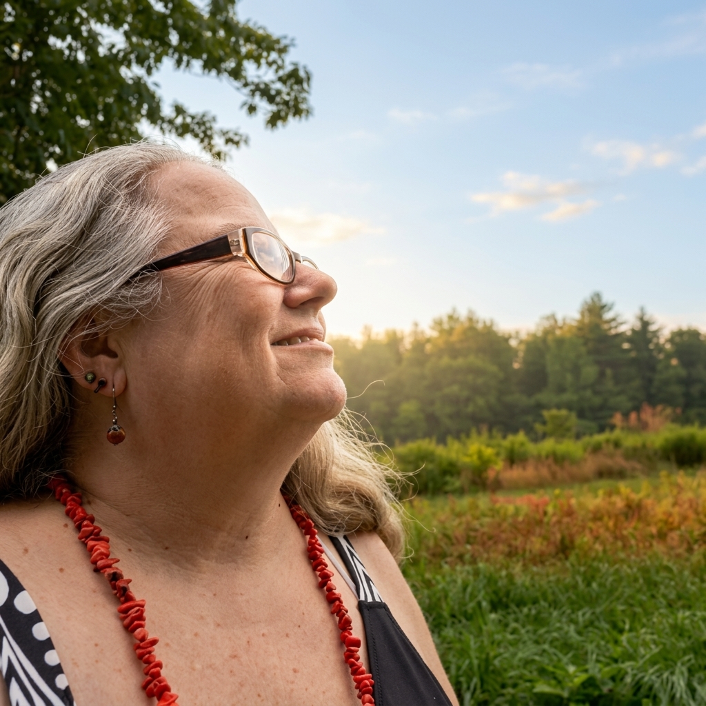 Wellness practitioner sitting in a sunlit natural setting